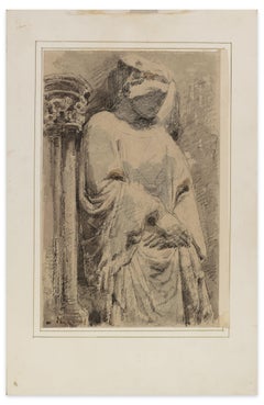 Thoughtful Woman - Ink and Watercolor by A. Bigand - Mid 19th Century