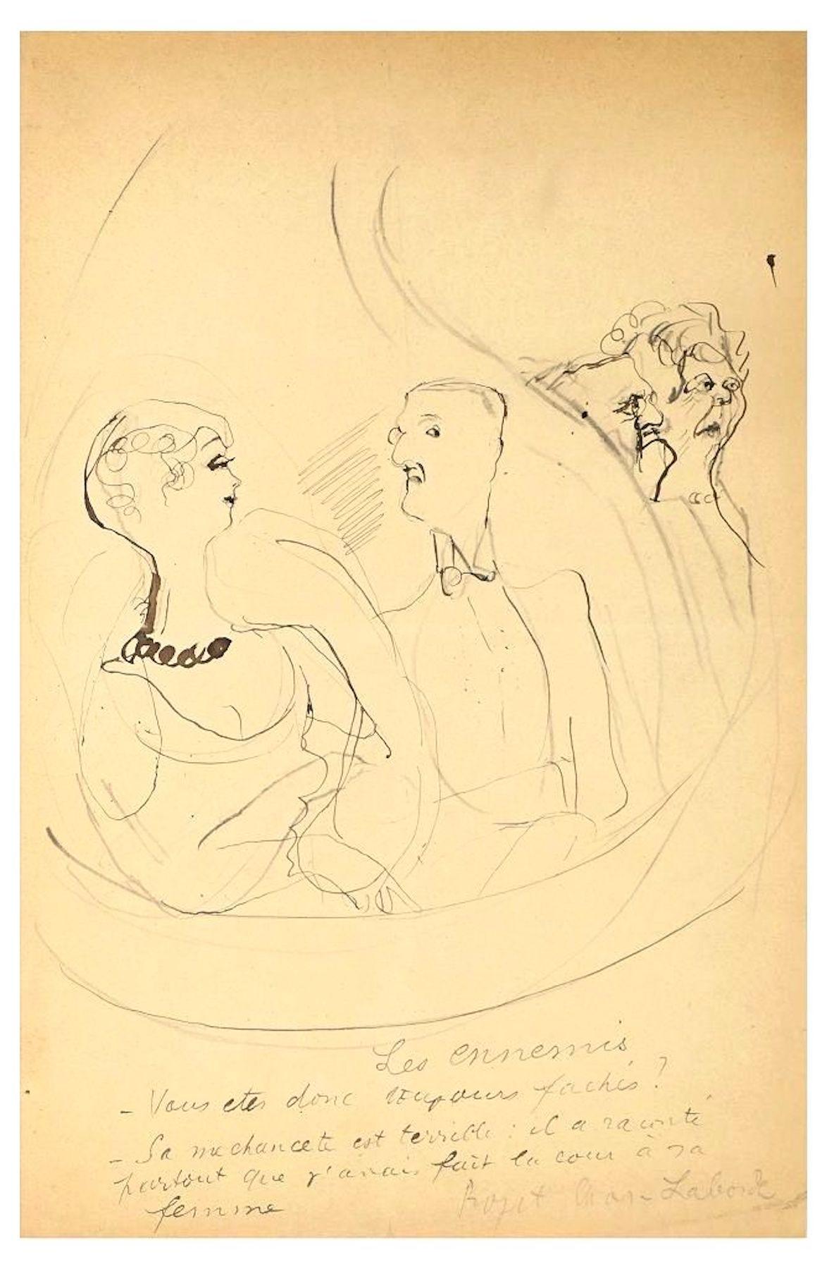 People Conversation - China Ink Drawing by Chas Laborde - Early 1900