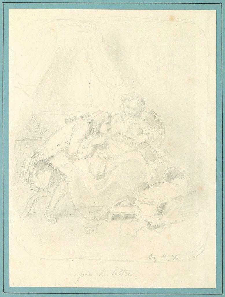 Unknown Figurative Art - Family Portrait - Black and white drawing on paper glued on cardboard - 1800