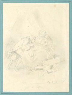 Familienporträt – Schwarz-Weiß-Zeichnung auf Papier, auf Karton aufgeklebt – 1800