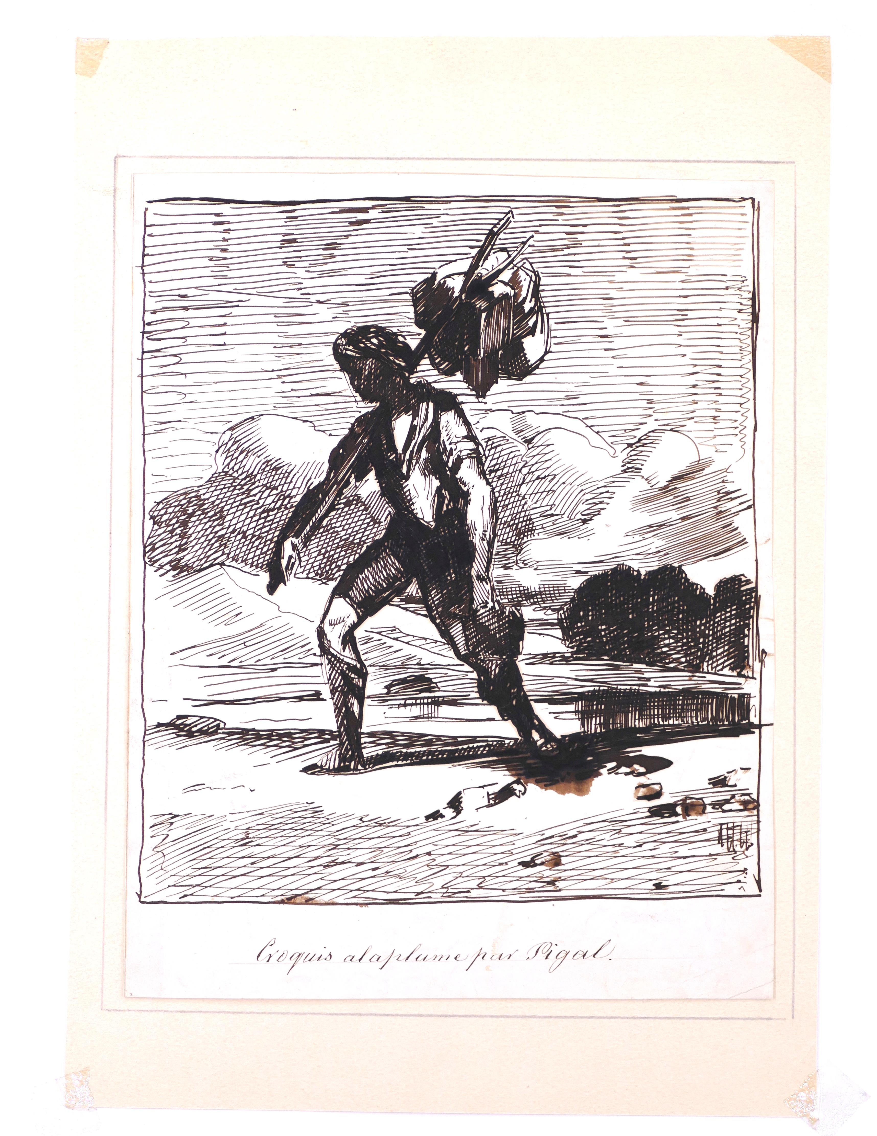Edme Jean Pigal Figurative Art - Wayfarer - Ink Drawing by Edmé-Jean Pigal - Mid 1800