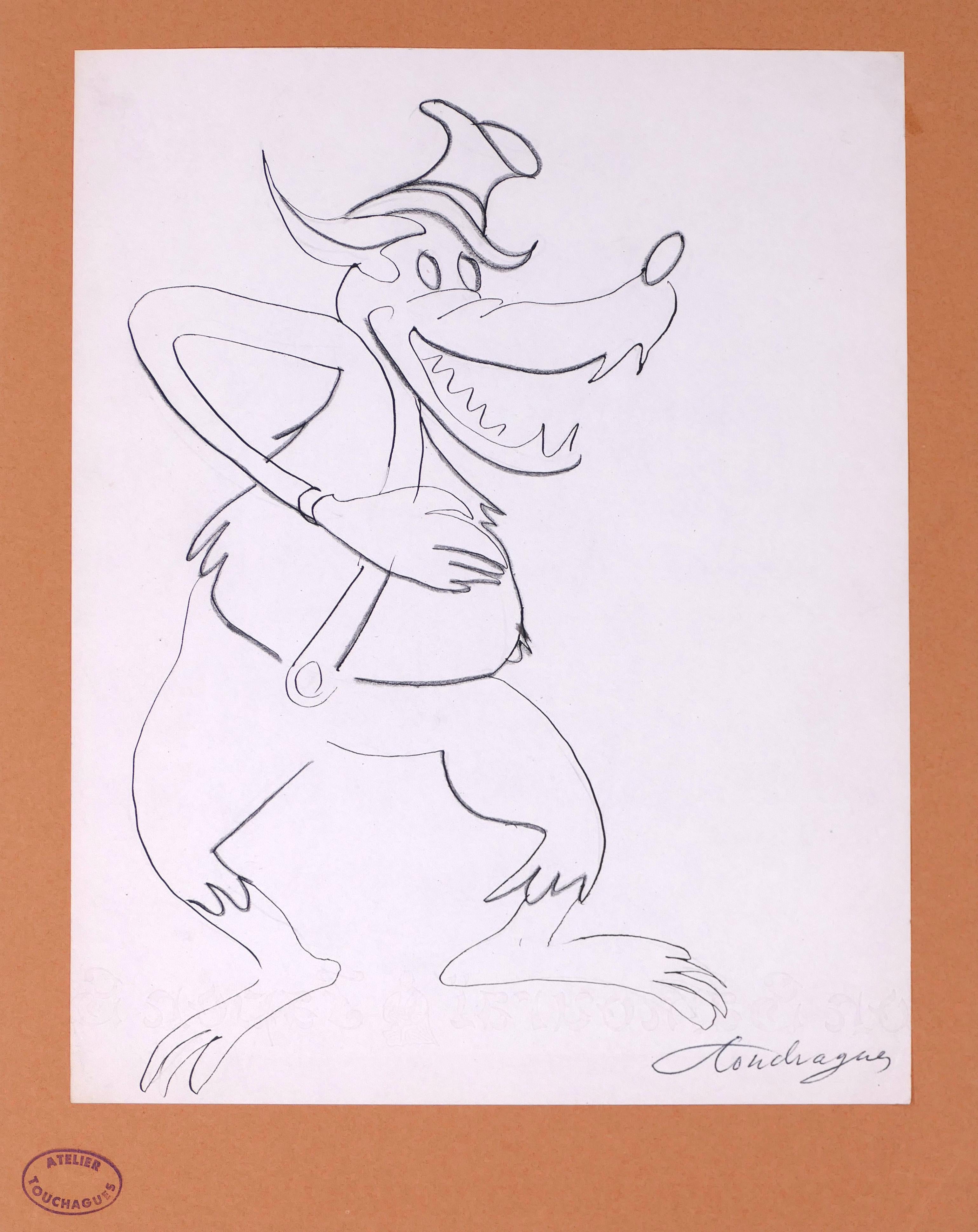 Louis Touchagues Figurative Art – The Wolf - Original Tintenzeichnung auf Papier 1970er Jahre