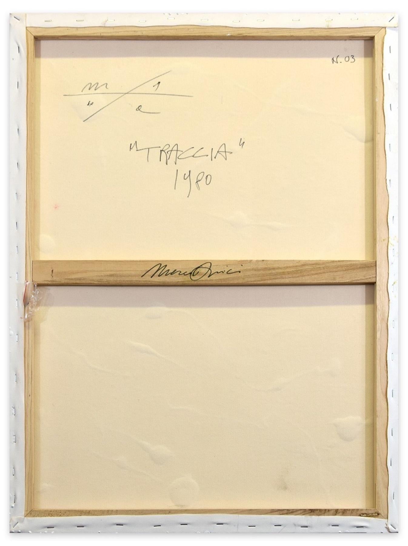 Trace is an original mixed media painting on panel realized by the Italian artist Marco Amici in 1980.

Original Title: Traccia

Title, Signature, date and monograms are written by the artist in black marker on the back of the canvas. 

This