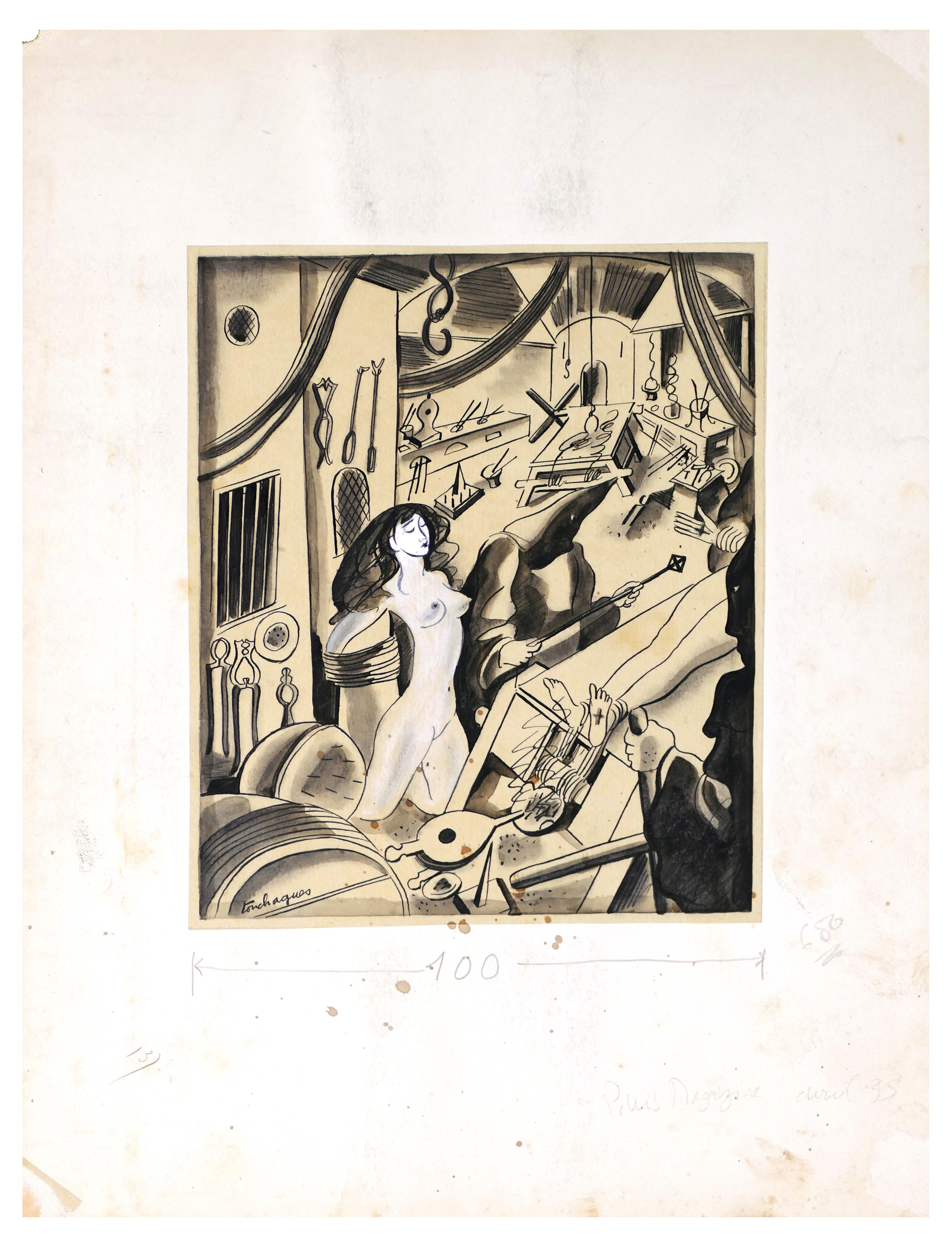 L'ultima passione di Torquemada - Disegno a inchiostro su carta 1935 - Art di Louis Touchagues