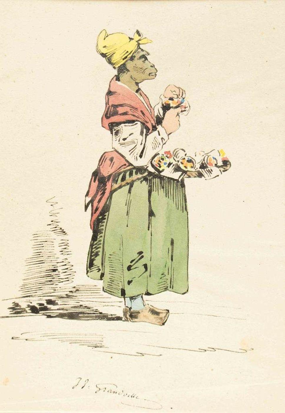 J. J. Grandville Animal Art – The Pedder – Tuschezeichnung und Aquarellmalerei von J.J. Grandville