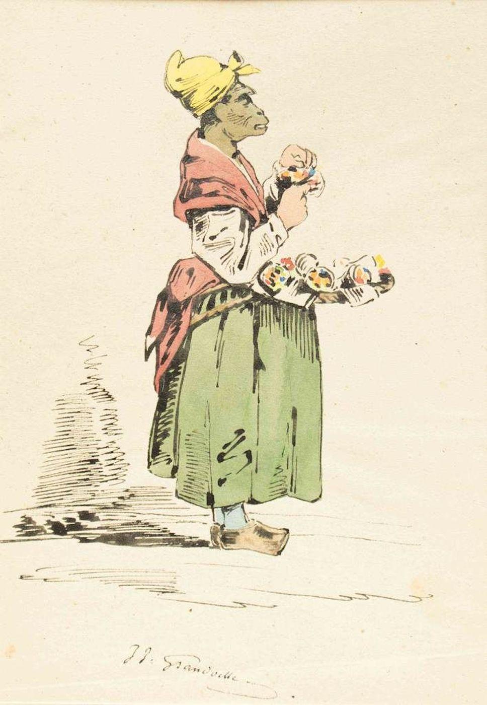 « The Pedder » (La échelle) - Dessin à l'encre et aquarelle de J.J. Grandville