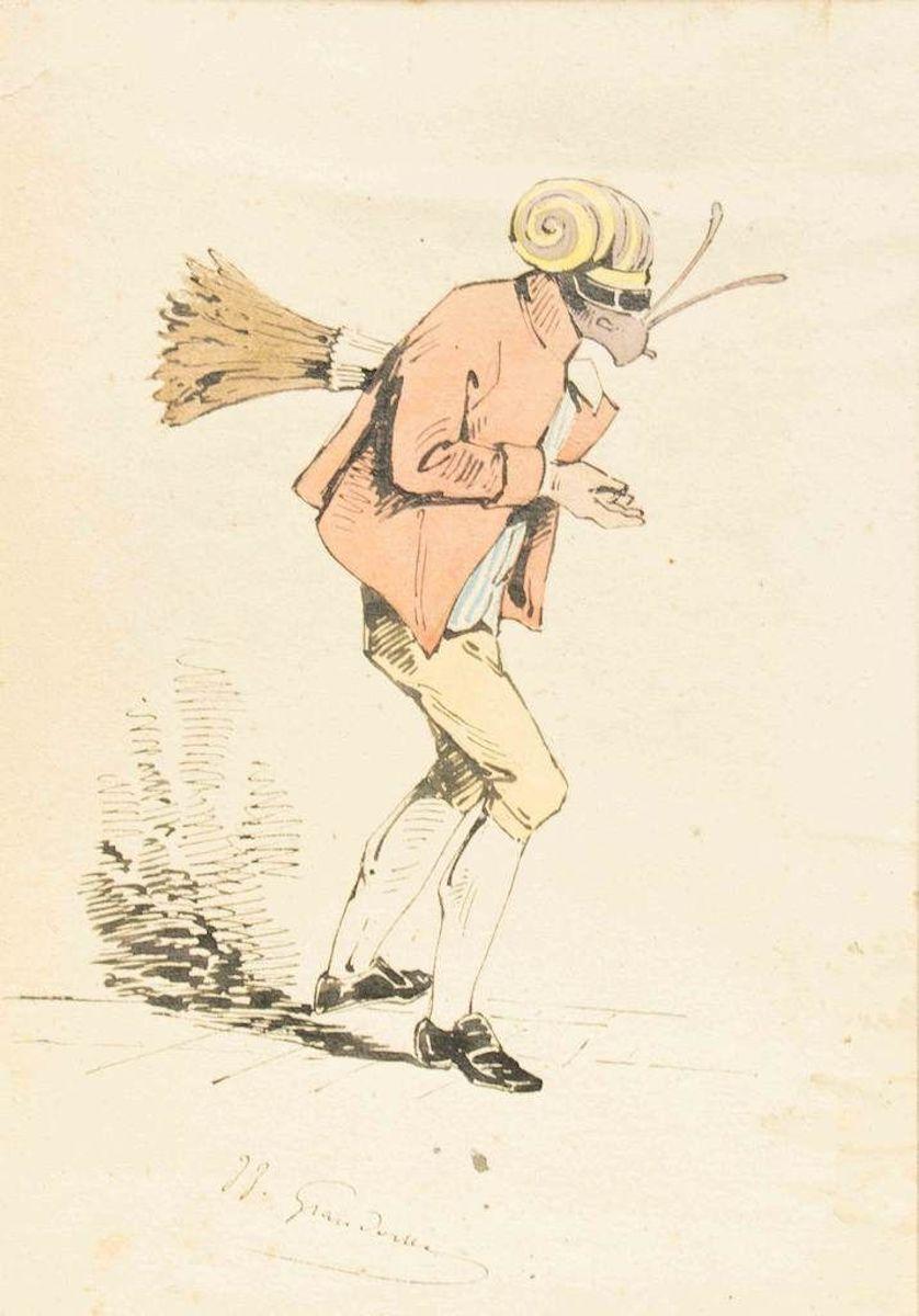 J. J. Grandville Figurative Art - The Sweeper - Original Ink Drawing and Watercolor by J.J. Grandville