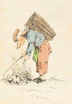 The Ragman - Ink Drawing and Watercolor by J.J. Grandville