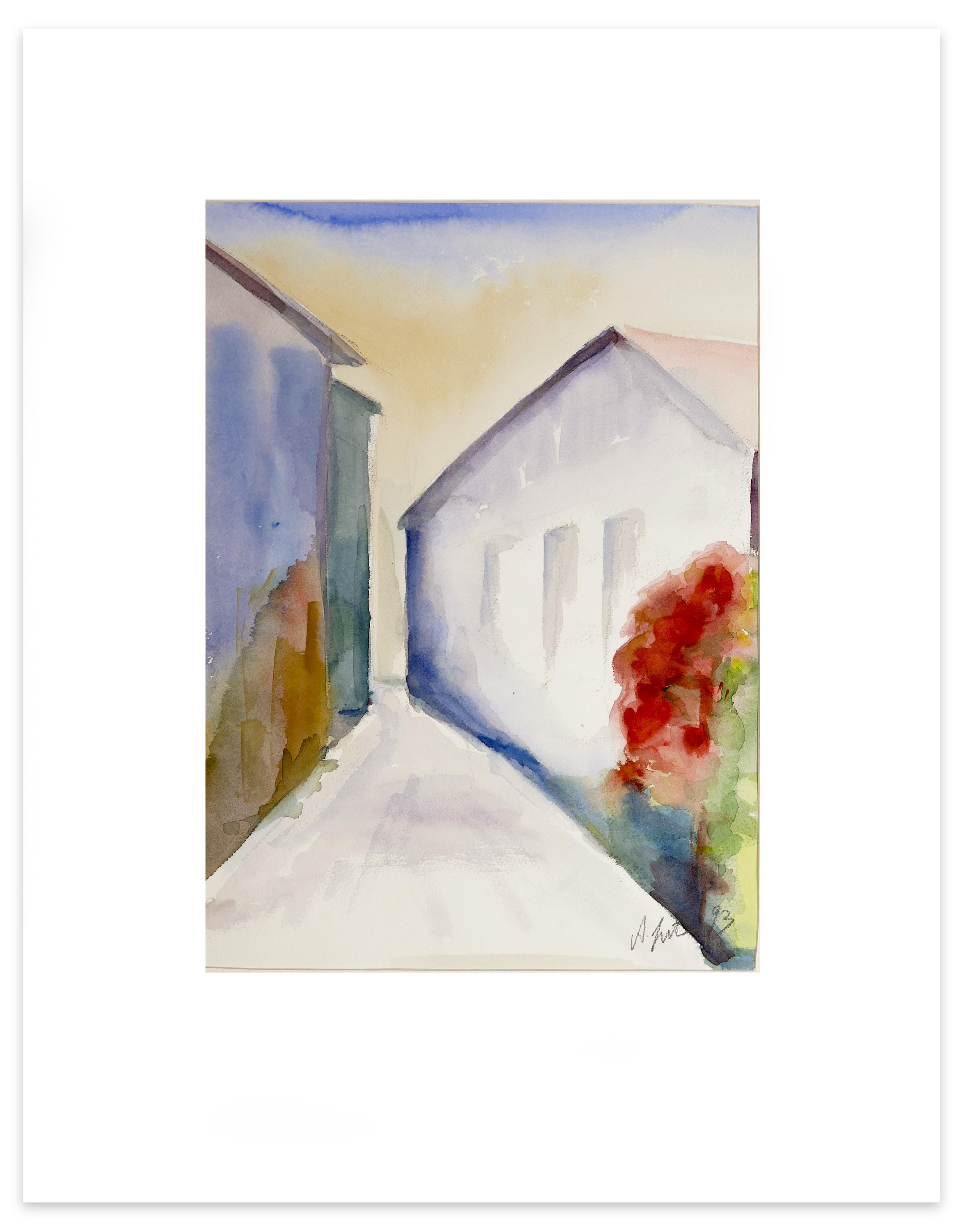 Narrow Alley is an original watercolor on paper, realized in 1993 by Armin Guther.

In excellent condition. Including Passepartout (cm 60 x 50)

The artwork is hand-signed and dated in charcoal pencil on the lower right corner. 

This beautiful
