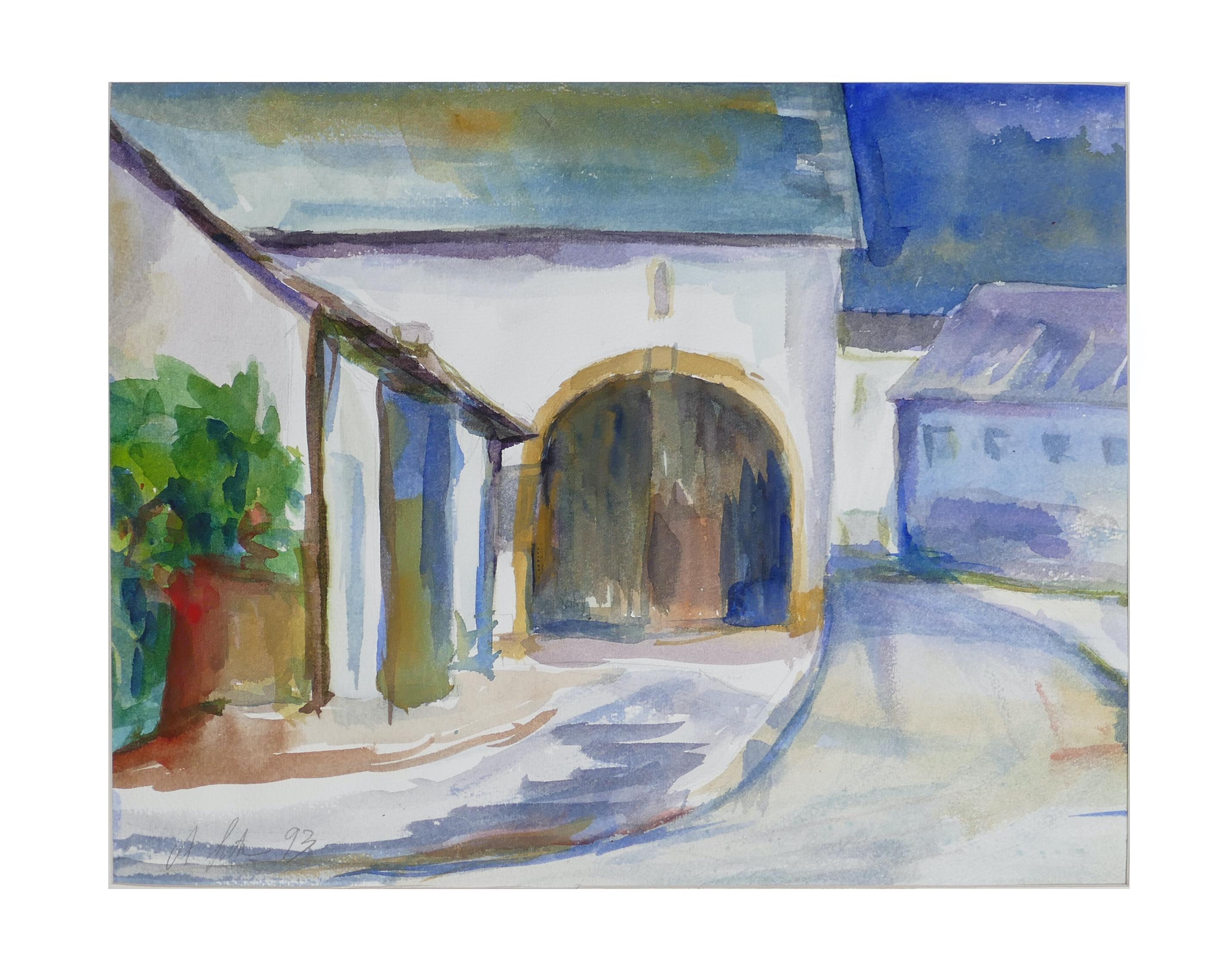 Arc and Houses is an original watercolor on paper, realized in 1993 by Armin Guther.

The artwork is hand-signed and dated in charcoal pencil on the lower-left corner. 

In excellent condition. Including Passepartout (cm 50x 60).

This beautiful