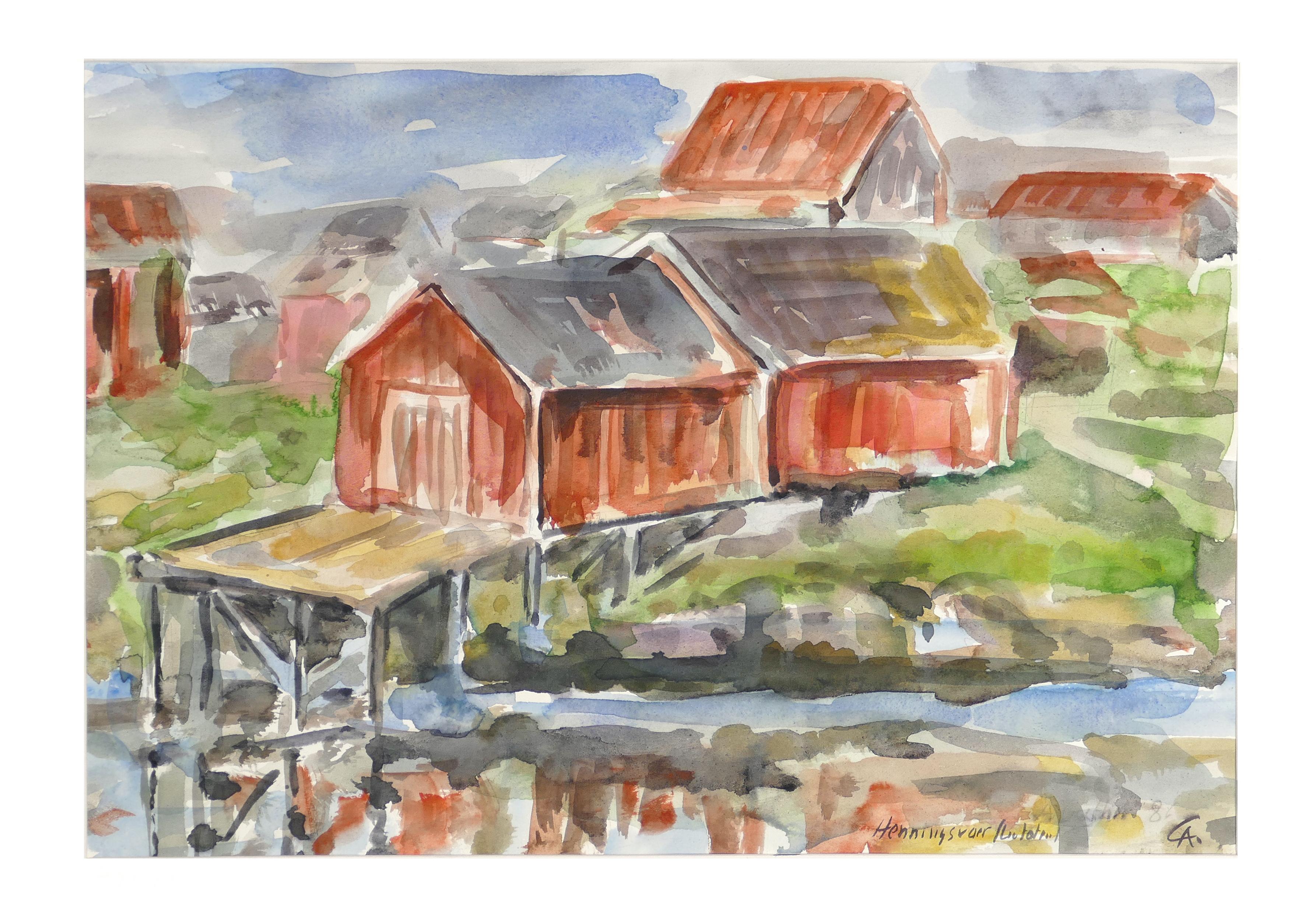 Wooden Huts - Original Watercolor by Armin Guther - 1986