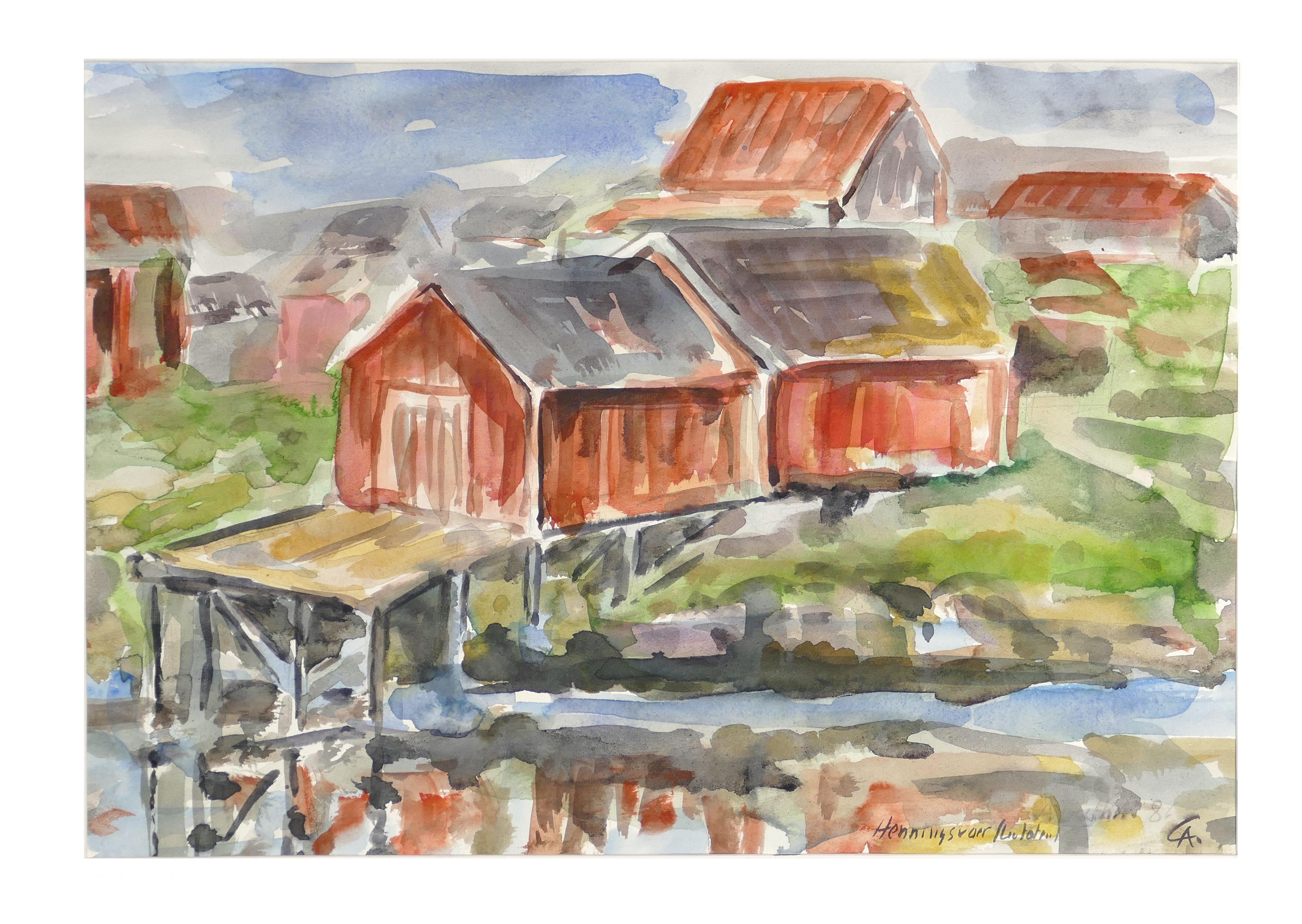 Holzhütten ist ein Originalaquarell auf Papier, das 1986 von Armin Guther geschaffen wurde.

Das Kunstwerk ist unten rechts mit Kohlestift handsigniert und datiert.

In ausgezeichnetem Zustand. Einschließlich Passepartout (cm 50x 60).

Dieses