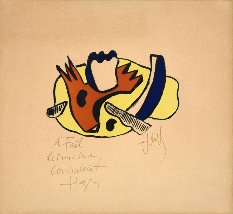 Still Life is an original color lithograph realized by Fernand Léger (1881-1955)  and published by éditions Falaize, Paris, 1951. 

With the additional values of the blue ink signature and an autograph devotion "A Fall (to Fall)(...) on the lower