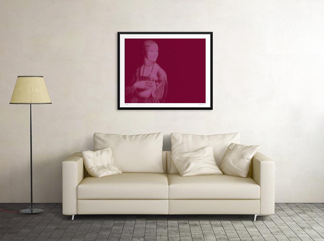 Image dimensions: 60 x 75 cm.

Purple Lines is an outstanding giclée print realized by the contemporary artist Dadodu in 2016.

This original artwork represents Lady with an Ermine by Leonardo da Vinci with horizontal purple lines on a dark red