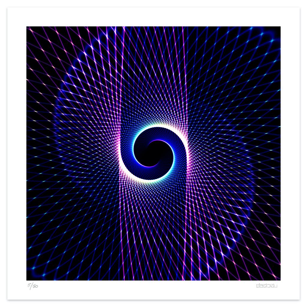 Image dimensions: 70 x 70 cm.

Wormhole is an enchanting giclée print realized by the contemporary artist Dadodu in 2010.

This original artwork shows an abstract concentric composition with lights on a black background, recalling the outer