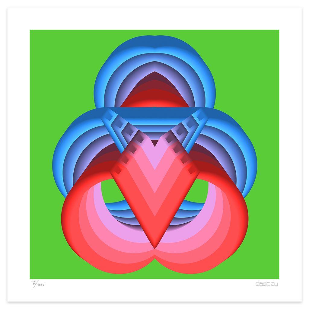 Image dimension: 70 x 70 cm.

Symmetry is an outstanding giclée print realized by the contemporary artist Dadodu in 2019.

This original artwork shows an abstract composition with three-dimensional shapes.

Hand-signed on the lower right "Dadodu"