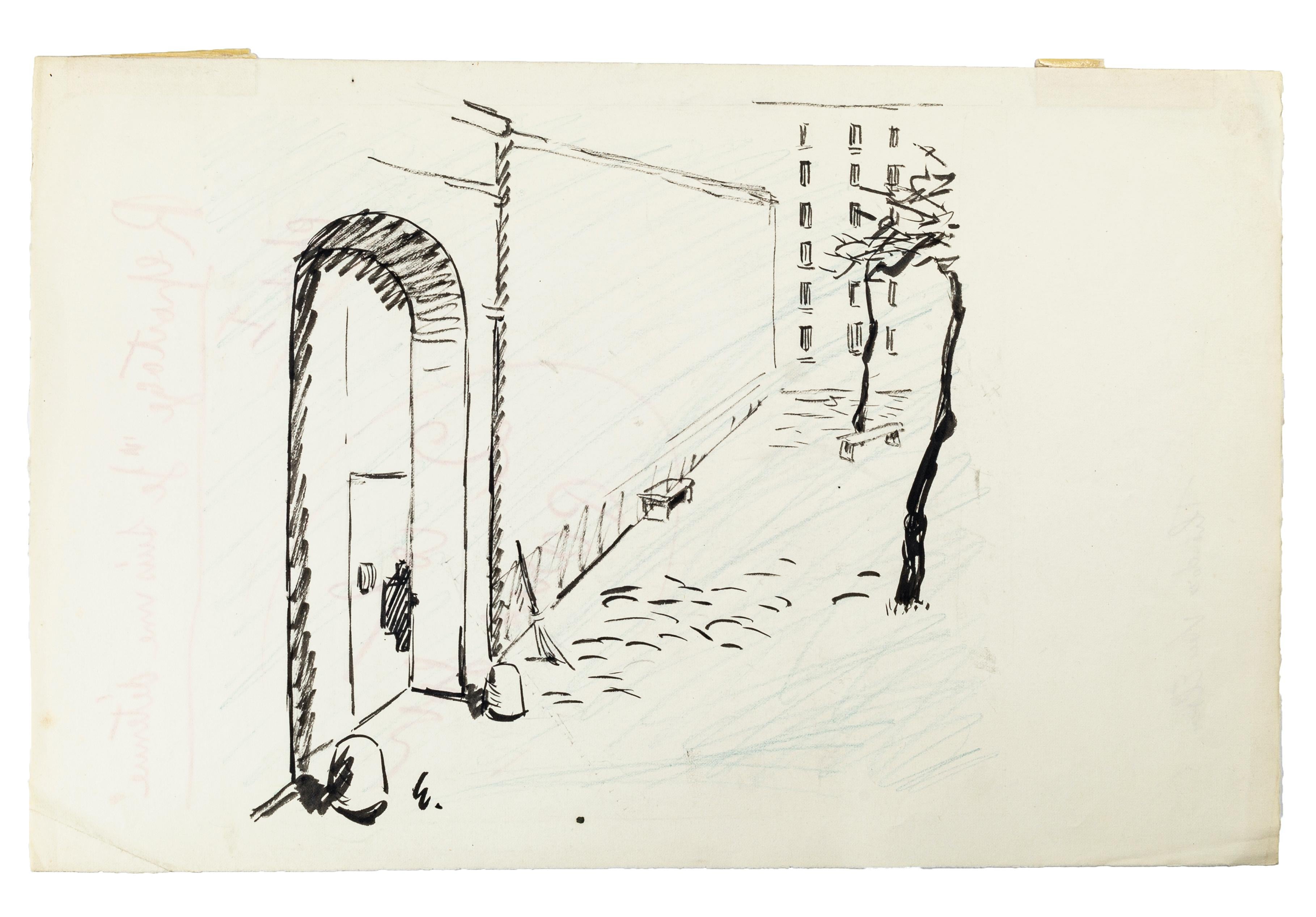 Theodore van Elsen Figurative Art - Je suis une détenue - Chap. I - China Ink Drawing by T. van Elsen - 1950s