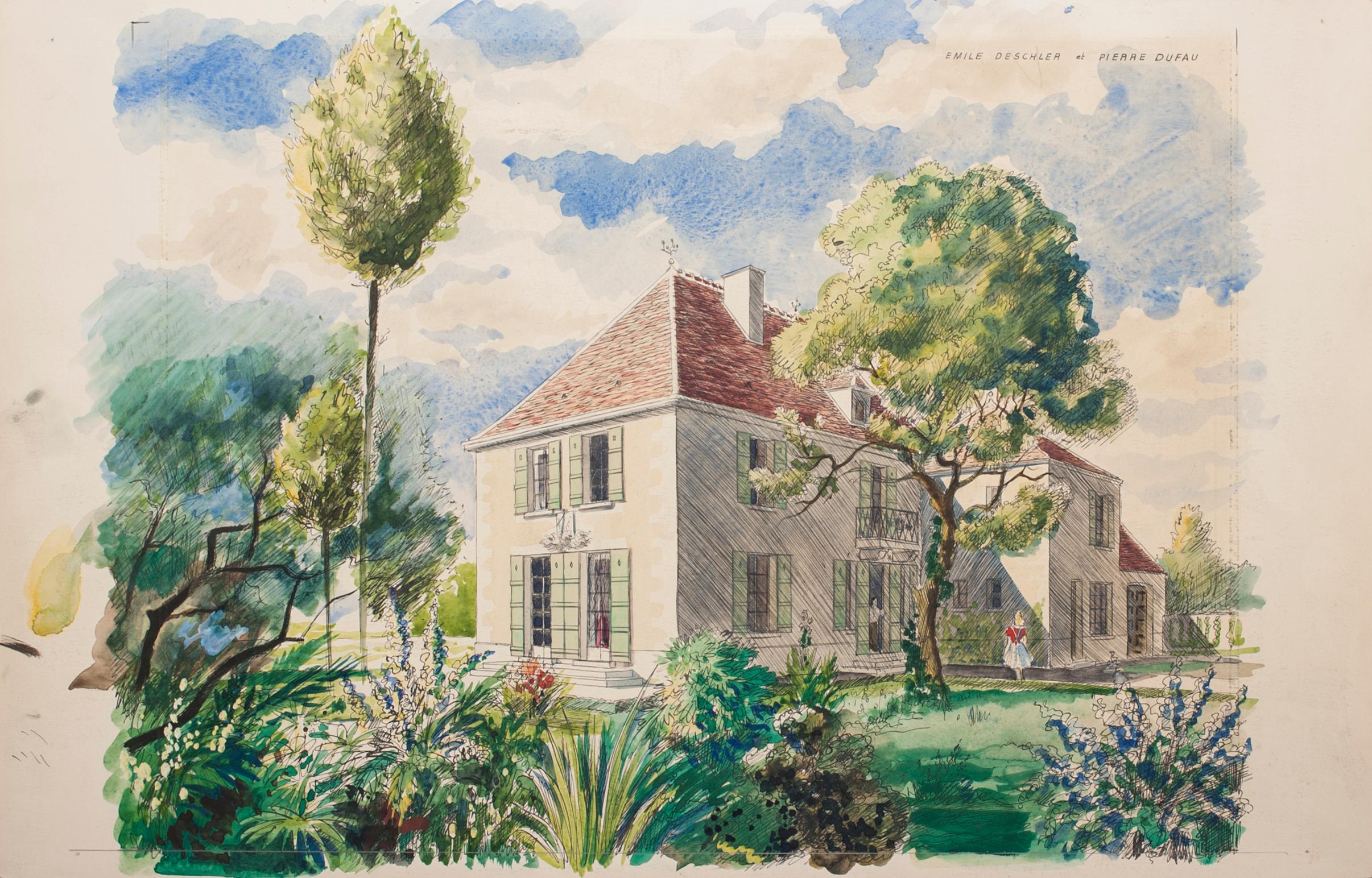 Homes is an original artwork realized during the 1970s by Emile Deschler and Pierre Dufau.

Pen and watercolor drawing on cardboard. Mounted on cardboard.

Very good conditions.

Pierre Dufau (1908 – 1985) was a French architect. He is well-known