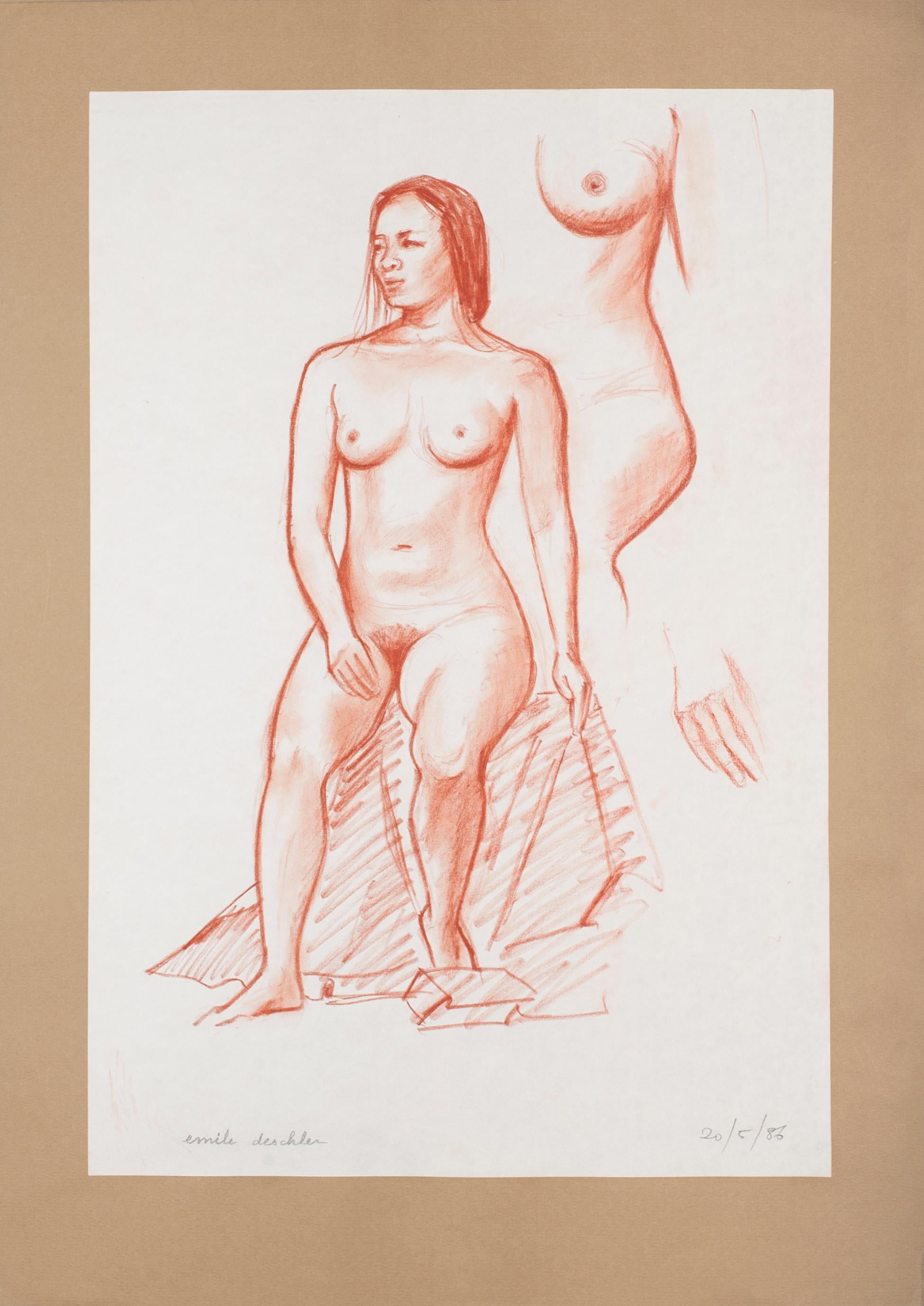 Desnudo - Dibujo original al pastel de Emile Deschler - 1986