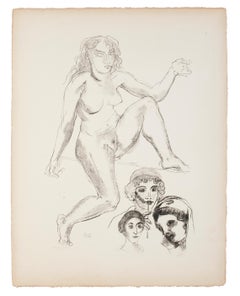 Standing Female Nude with Portraits  - Original Lithograph by Raymond Veysset 