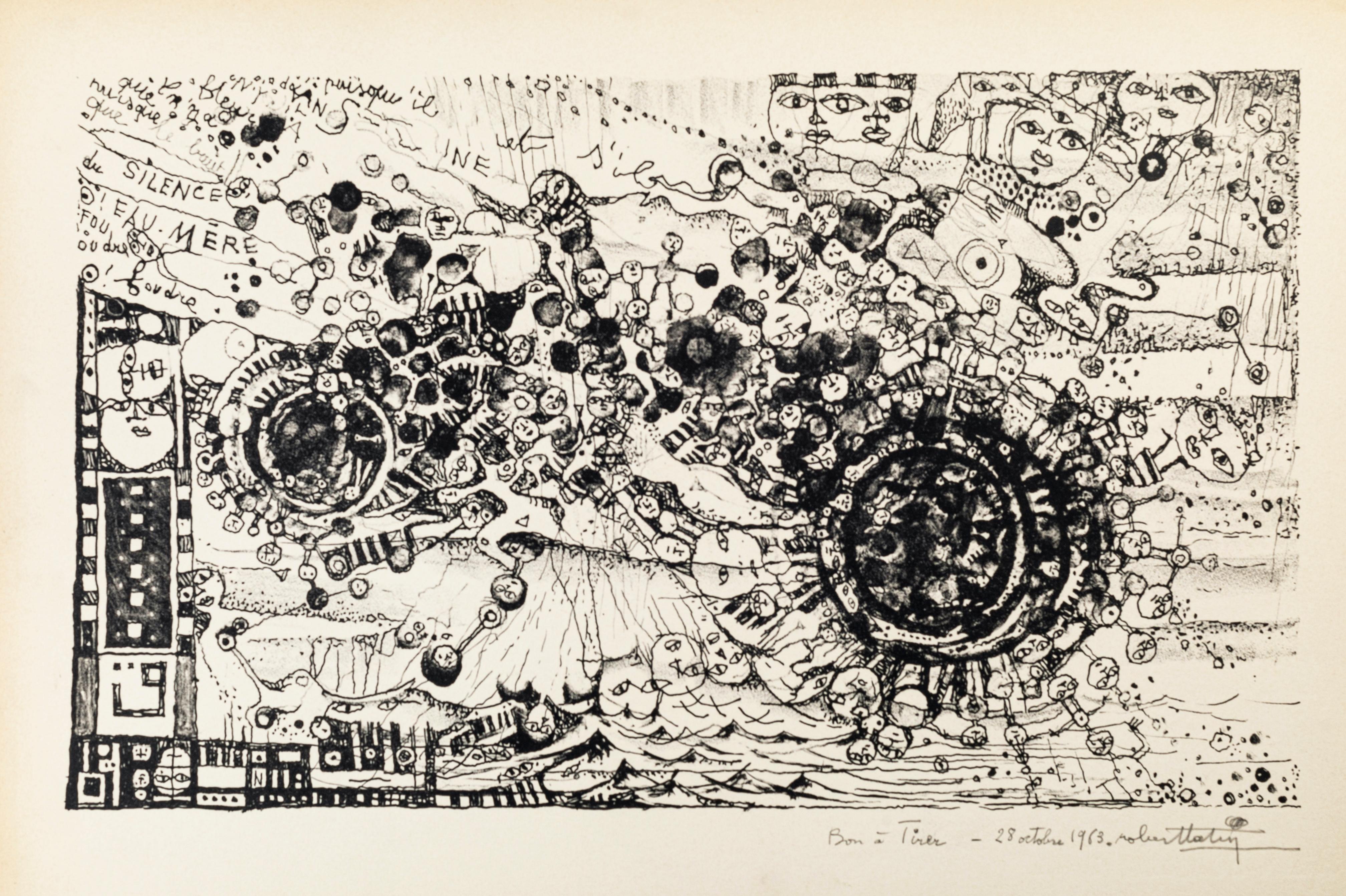 Image dimensions: 25 x 43 cm.

Vortex is an original black and white lithograph realized in 1963 by Robert Tatin (1902-1983).

Hand-signed and dated on the lower margin. Artist's proof (Bon à tirer handwritten on the lower margin)

The artwork