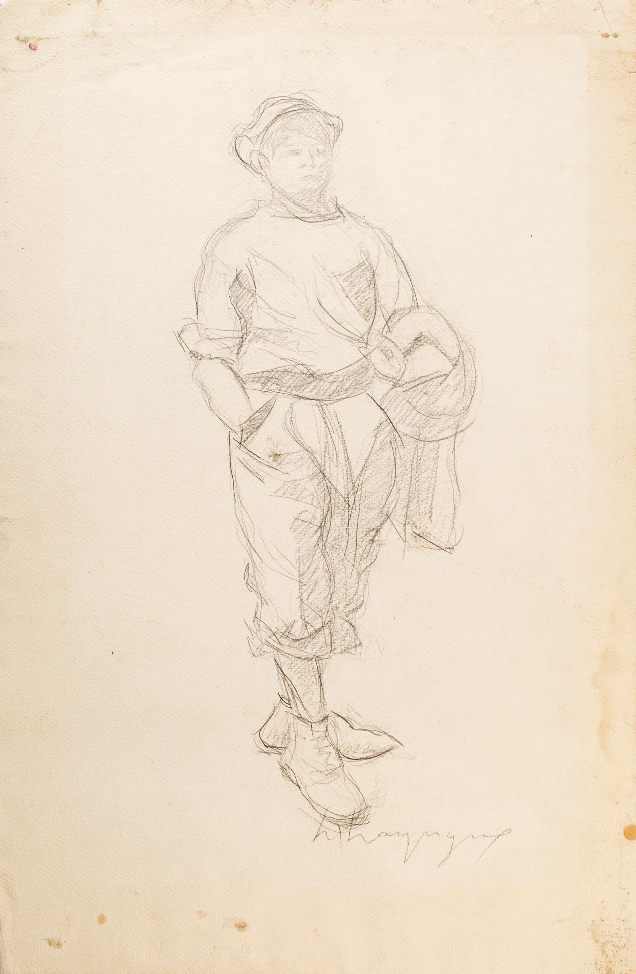 Unknown Figurative Art - Walking Man - Original Drawing - Mid 20th Century