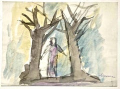 Vintage Forest in Color - Charcoal and Watercolor by M. Maccari - 1950/60s