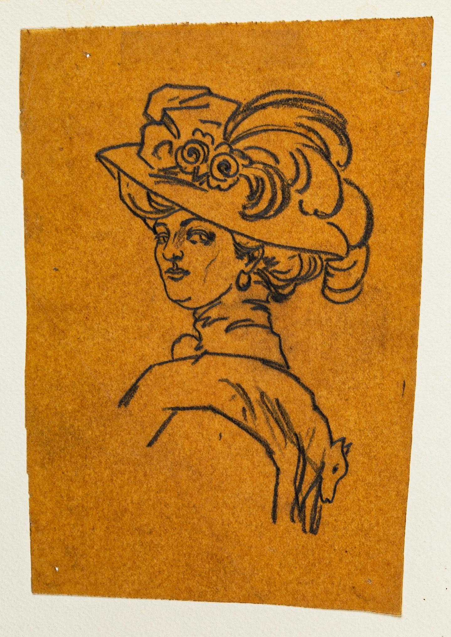 Portrait  - Original China Ink Drawing on Paper - Early 20th Century - Art by Marguerite Callet-Carcano