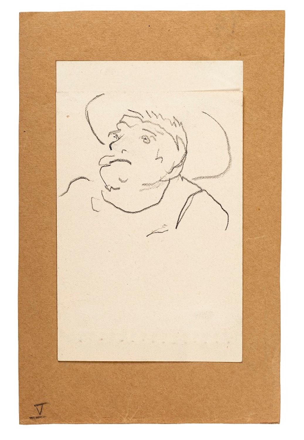 Unknown Figurative Art - Man On Postcard  - Original China Ink Drawing on Paper - Early 20th Century