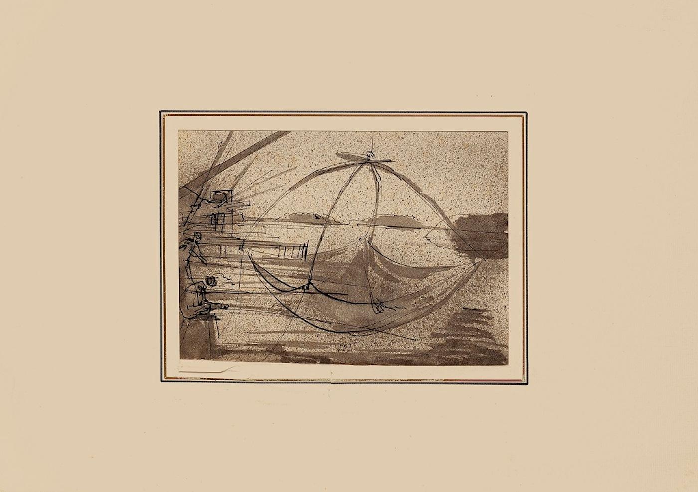 The Fishing - Original China Ink Drawing by E. Berman - 1938 - Art by Eugene Berman