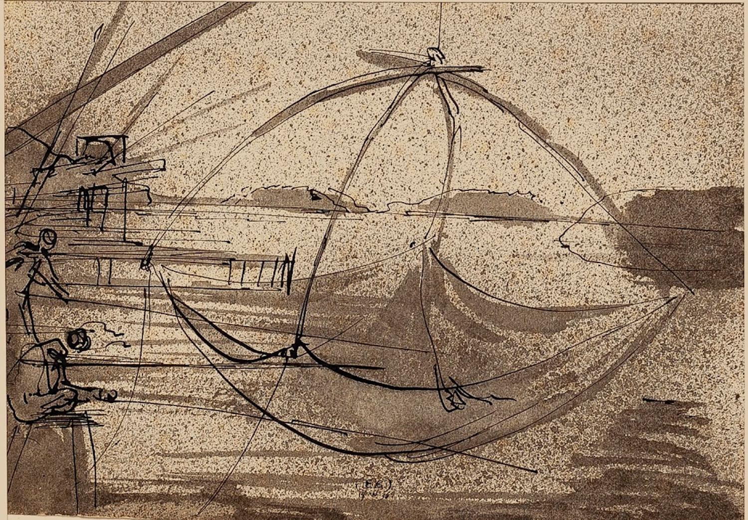 The Fishing - Original China Ink Drawing by E. Berman - 1938
