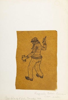 Vintage Standing Worker  - China Ink Drawing on Paper - 1969