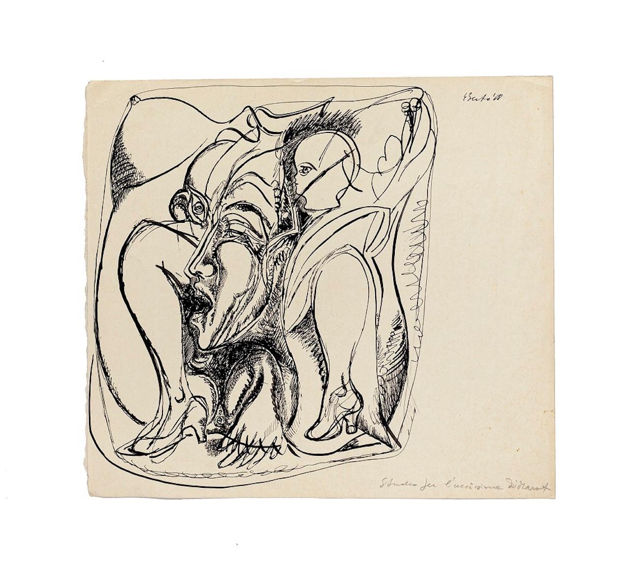 Study for the Murder of Marat – China-Tinte-Zeichnung – 1968 – Art von Gianpaolo Berto
