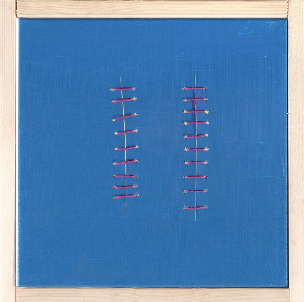 Red Seams on Blue is an original artwork realized by the Italian contemporary artist Mario Bigetti in 2019. 

Acrylic painting on canvas. 

Wooden minimal frame is included. 

Perfect conditions. 

The artwork is realized with a blue acrylic
