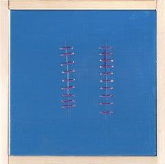 Costuras rojas sobre azul - Pintura acrílica de Mario Bigetti - 2019