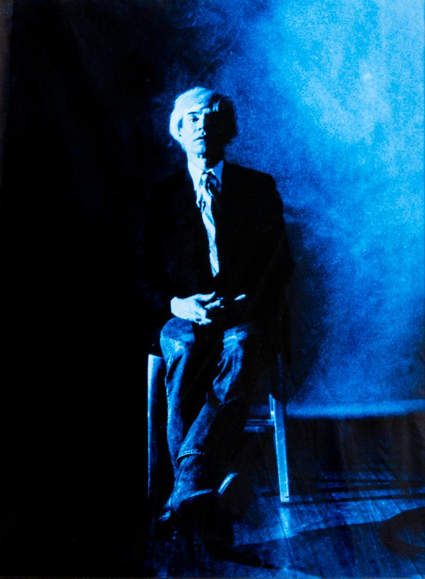 Portrait of Andy Warhol posing - Blue print-toning by G. Bruneau - 1980s - Photograph by Gerald Bruneau