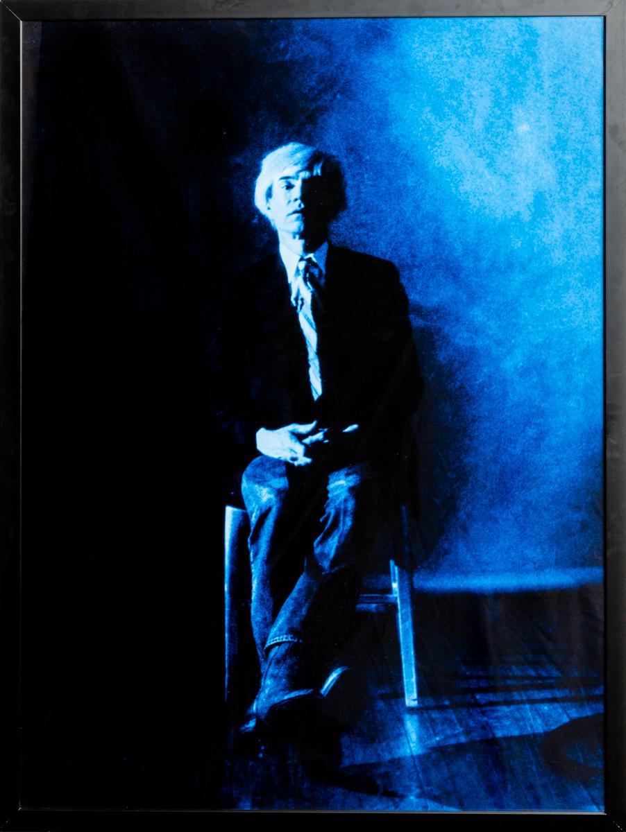 Gerald Bruneau Portrait Photograph - Portrait of Andy Warhol posing - Blue print-toning by G. Bruneau - 1980s