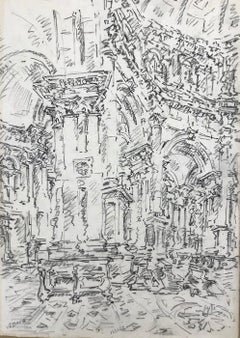 Intérieur de S. Marco:: Venise - Dessin original au fusain par E. Vedova - 1970