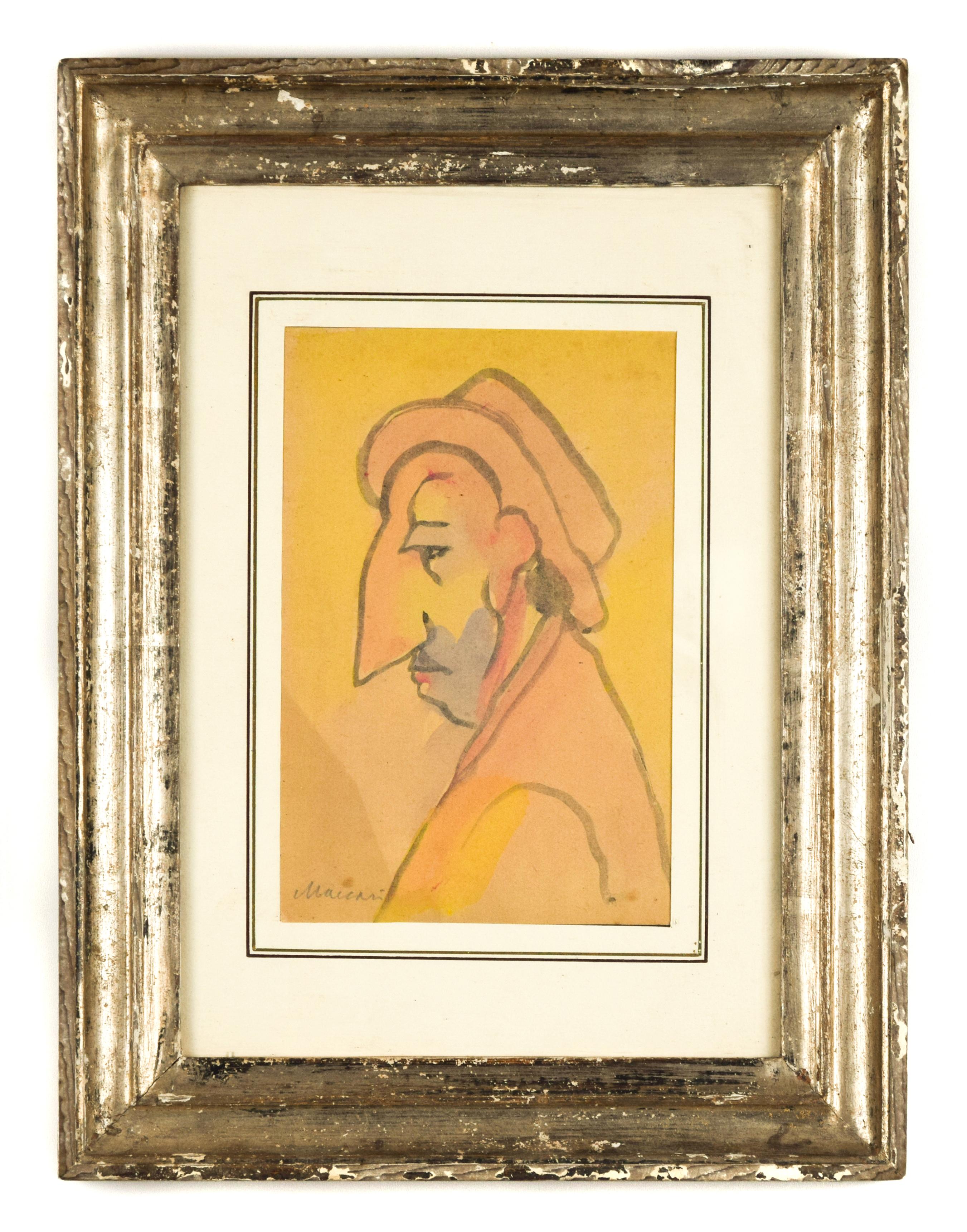 Portrait of a Man with Big Nose - Original Watercolor by M. Maccari - 1960s - Art by  Mino Maccari
