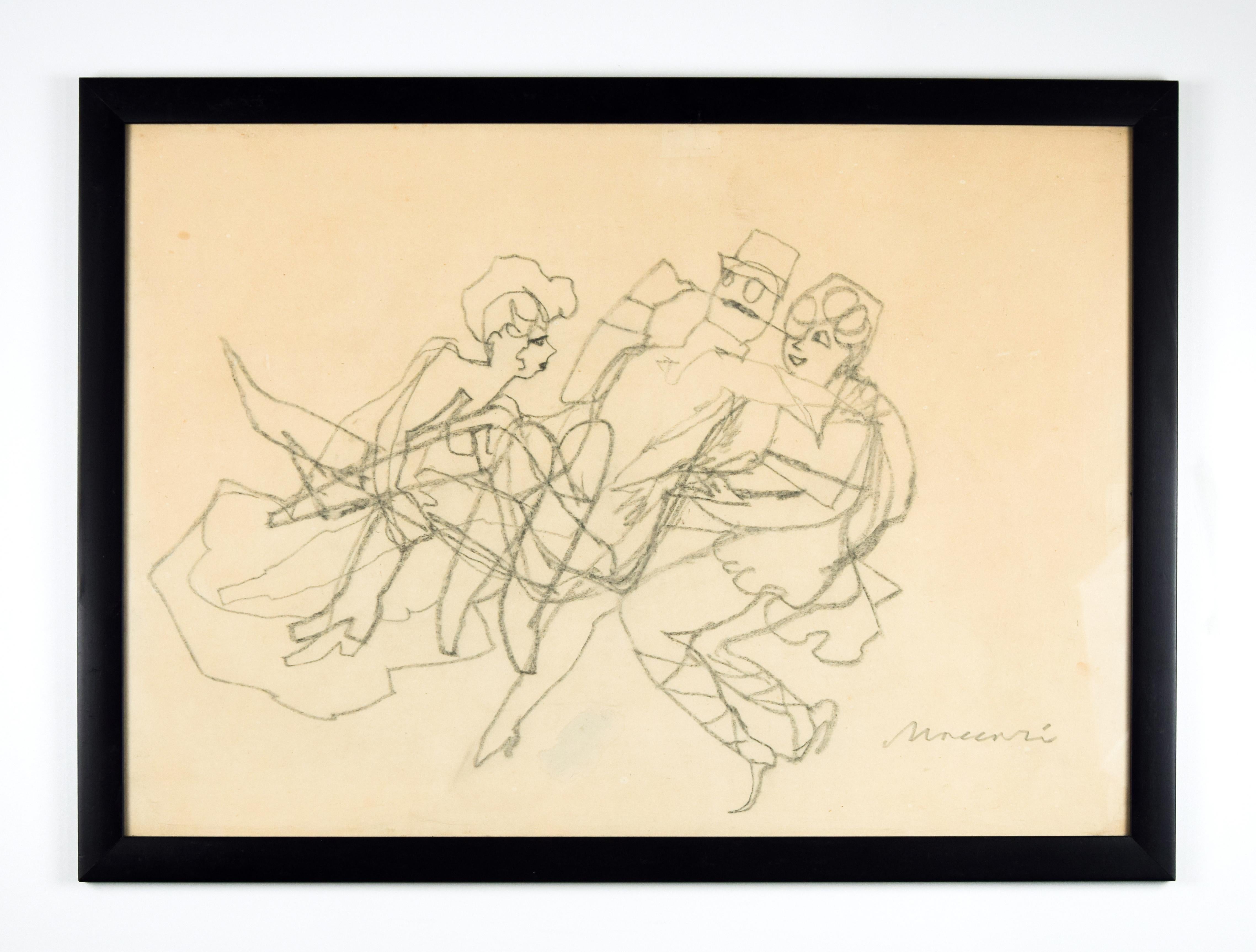  Mino Maccari Figurative Art - Official Entertainment - Charcoal Drawing by M. Maccari - 1950s