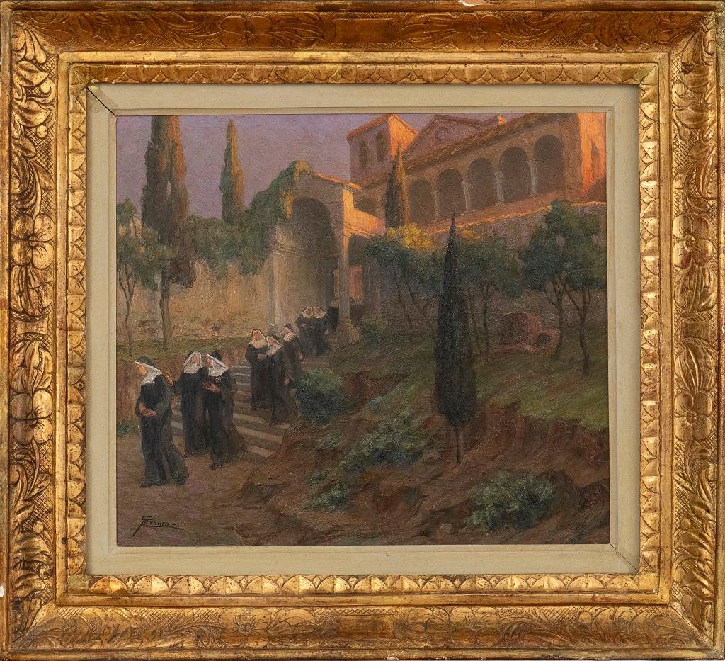 After Vespers - Oil on Board by G. B. Crema - 1920s - Painting by Giovanni Battista Crema
