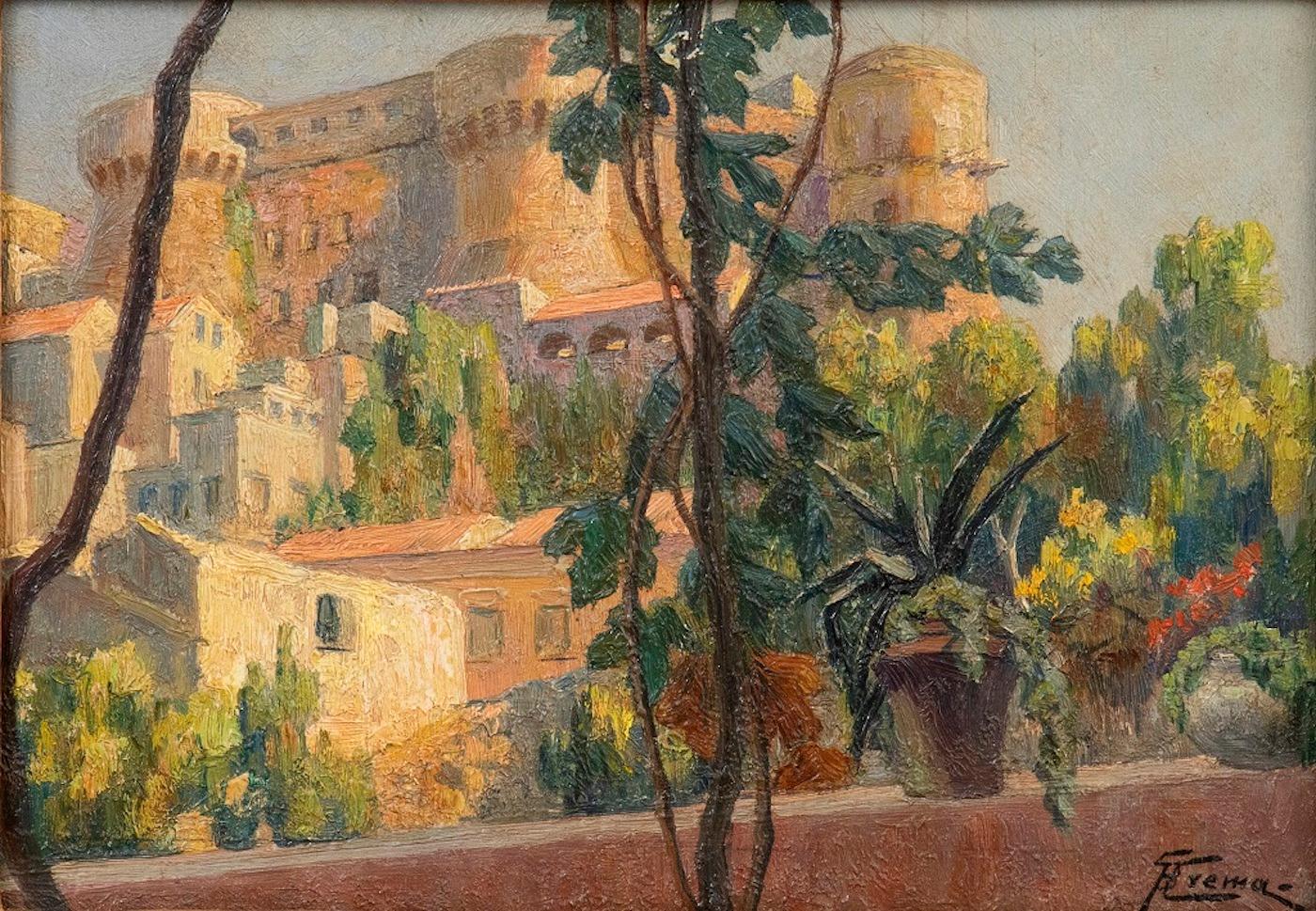 Castle on the Lake of Bracciano - Oil on Board by G. B. Crema - 1920s