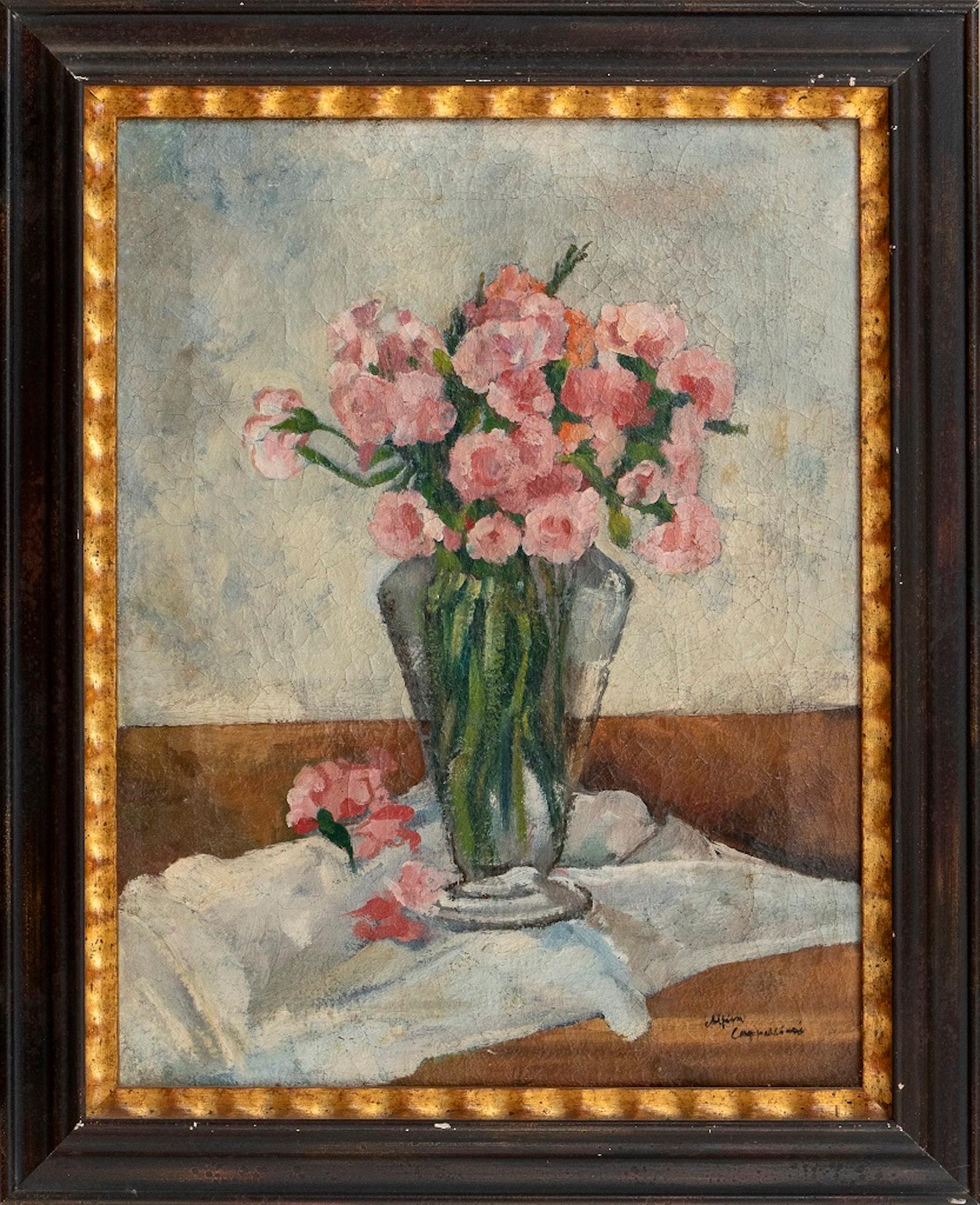 Vase avec fleurs - Huile sur toile de A. Cappellini, milieu de 1900 - Painting de Alfiero Cappellini