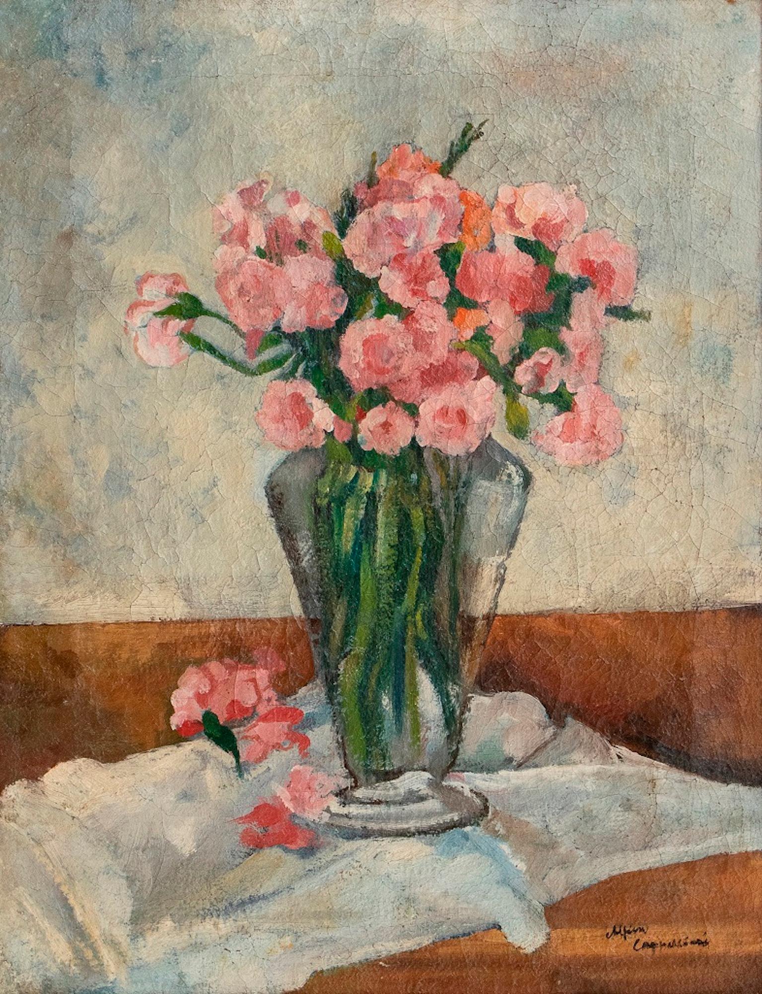 Vase with Flowers - Oil on Canvas by A. Cappellini - Mid 1900