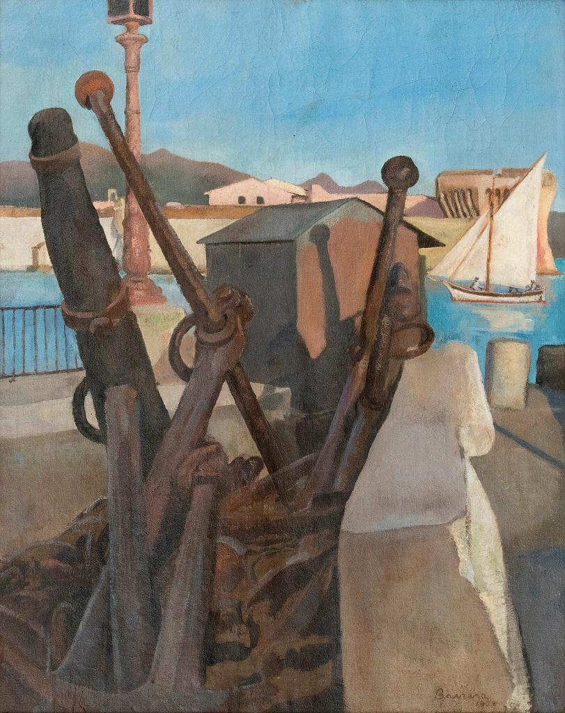 Antonio Barrera Figurative Painting - The Harbour - Oil on Canvas by E. Tani - 1908