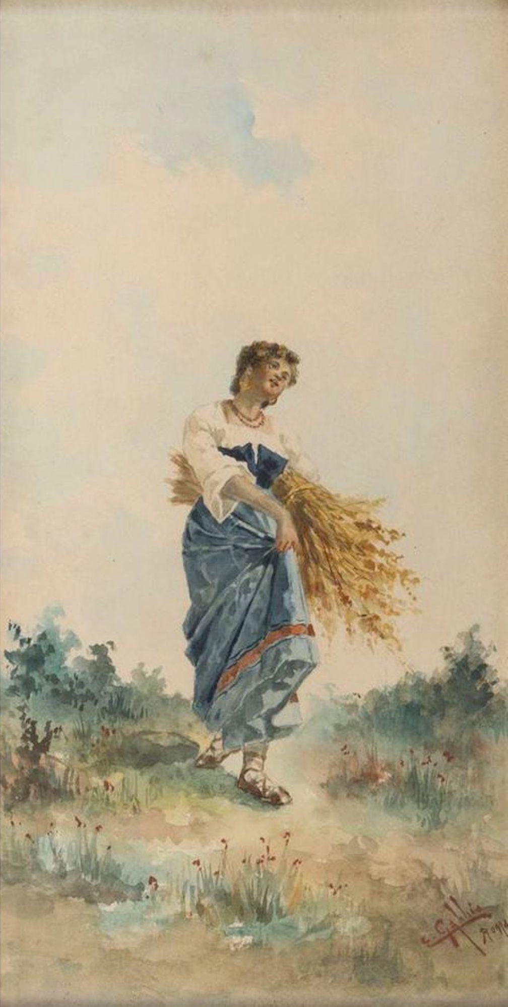 Campesinos con manojo de espigas - Pareja de acuarelas sobre papel - 1892 en venta 3