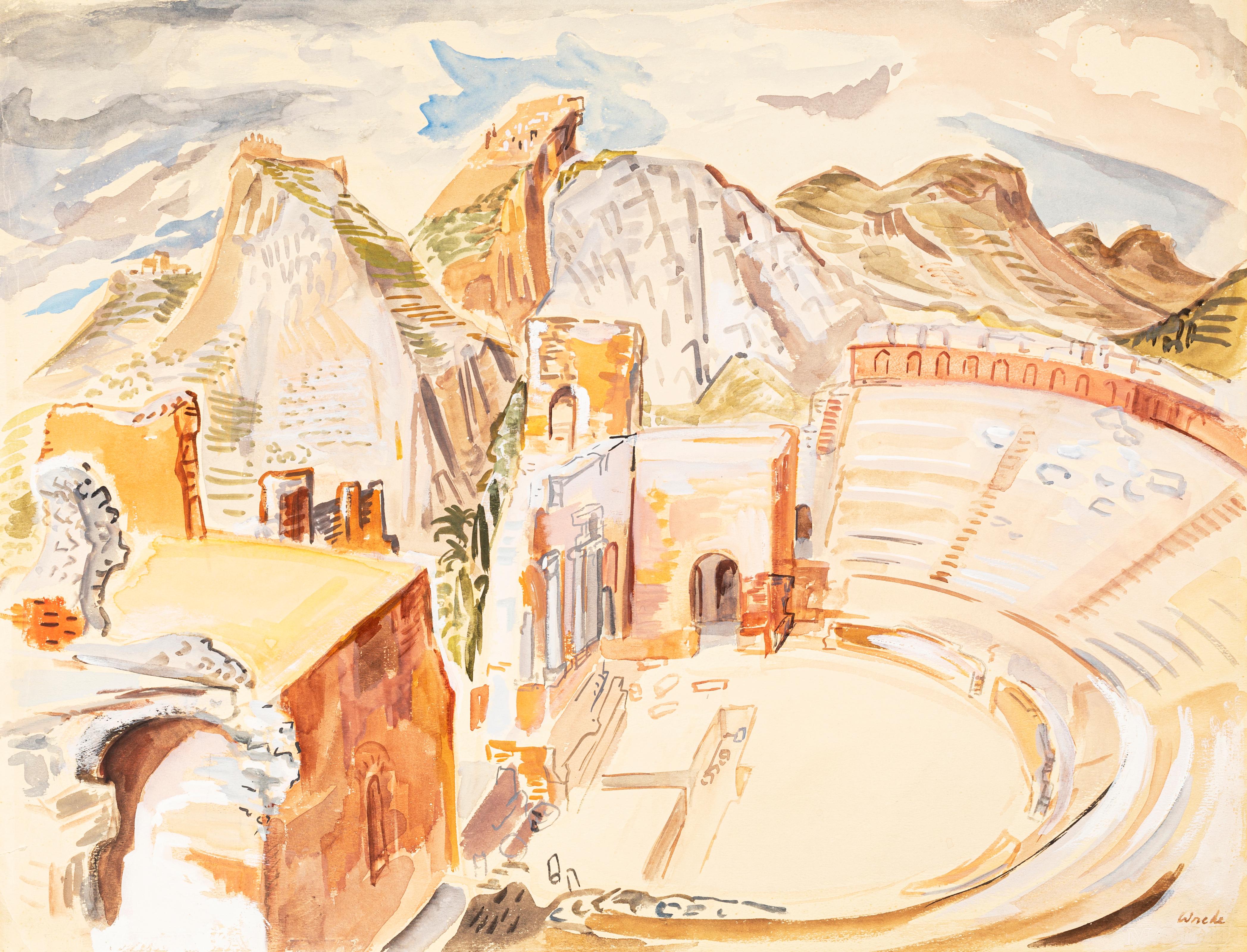 Maria Elisabeth Wrede Figurative Art - The Ancient Theater - Watercolor on Paper by M.E. Wrede - Mid 20th Century