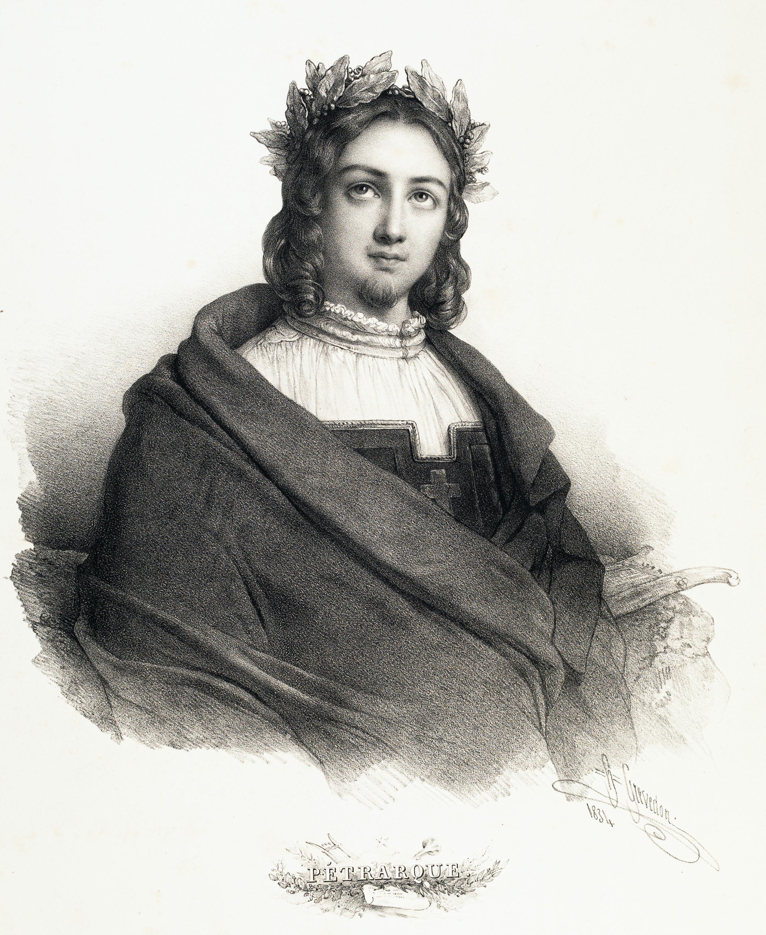 Henri Grevedon Portrait Print - Portrait of Francesco Petrarca - Lithograph by H. Grevedon - 1834