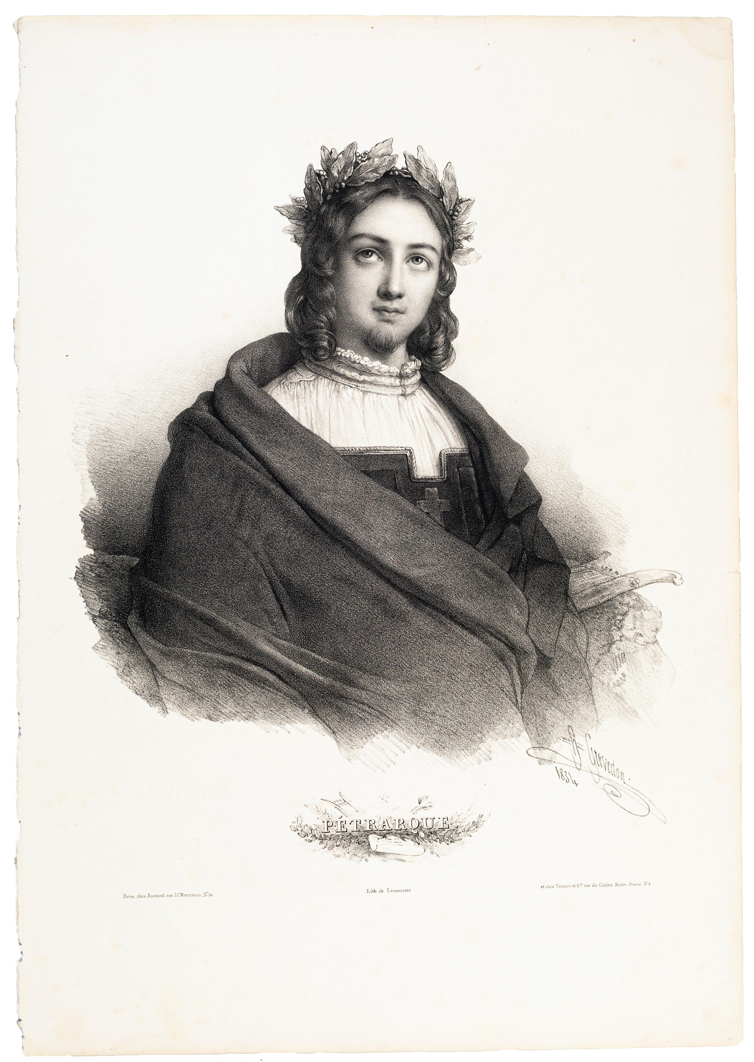 Portrait of Francesco Petrarca - Lithograph by H. Grevedon - 1834 - Print by Henri Grevedon