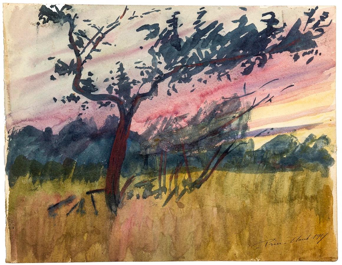 Unknown Landscape Art - Sunset Landscape - Watercolor on cardboard by French Master - 1917